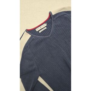 VTG Tommy Hilfiger Womens XL Sweater V Neck Navy Blue White Stripe Logo Knit Top